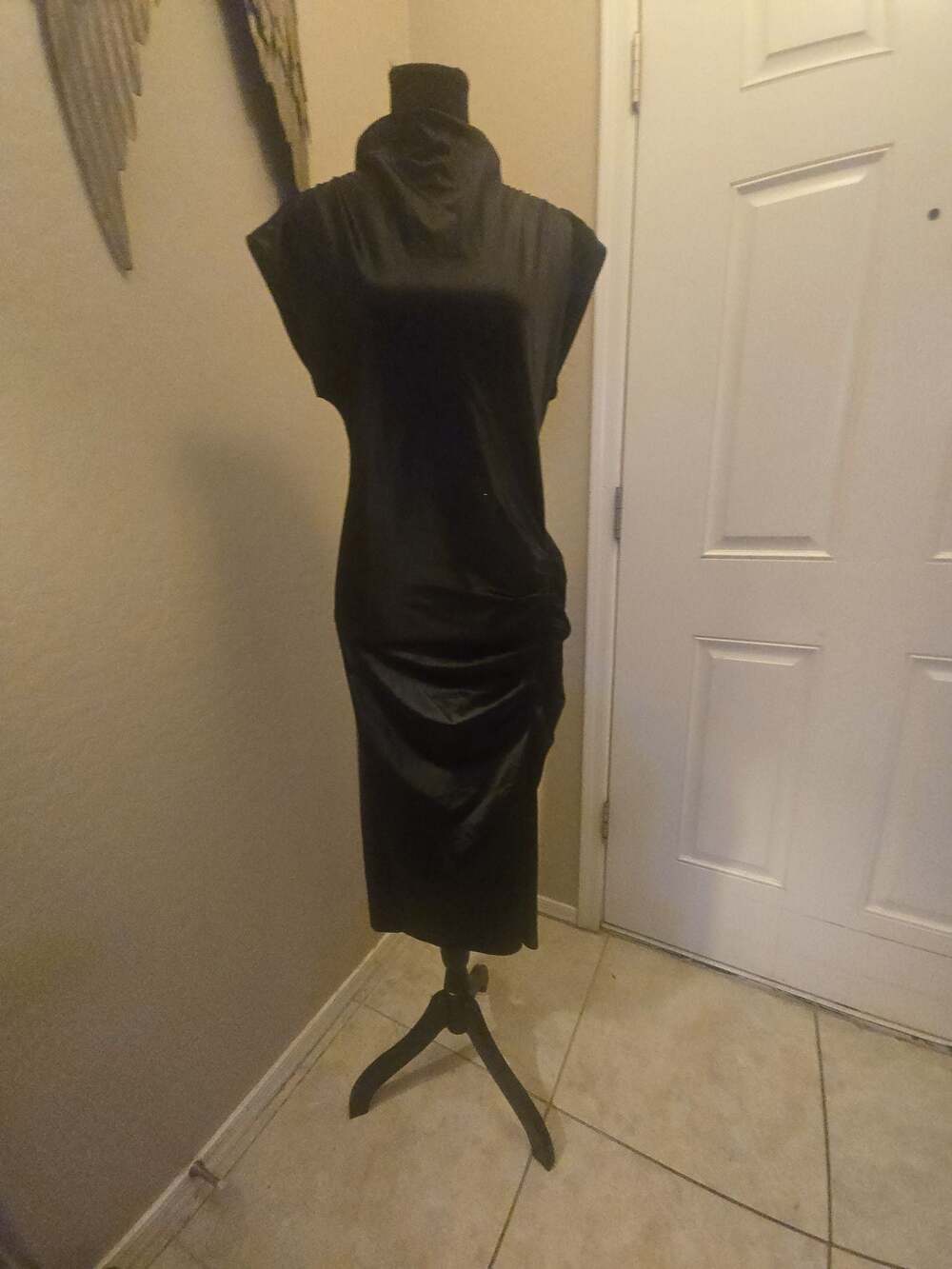 MELLODAY‎ Black Satin Mock Neck Ruched Sleeveless Maxi Dress S